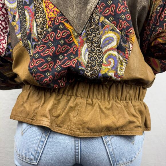 Vintage Tan Genuine Leather Patchwork Scrunched Full Zip Bomber Jacket Size S - Picture 8 of 16